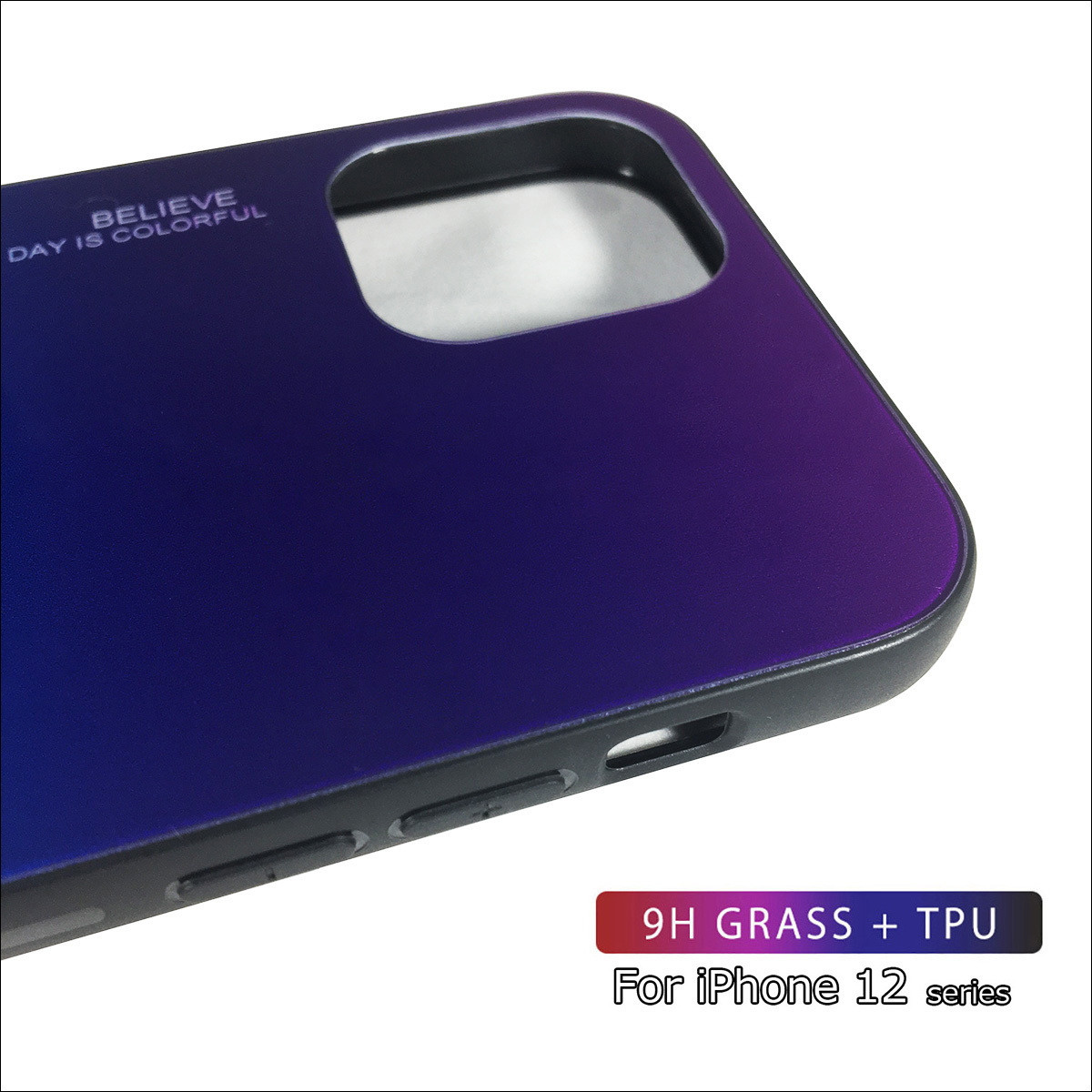 iPhone 12/12 Pro用 ケース 6.1インチ アイフォン12 アイフォン12プロ 背面強化ガラス グラデーションデザイン 耐衝撃 青紫系_画像5