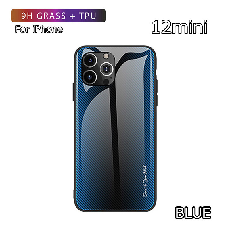 iPhone 12 mini ケース アイフォン 12 ミニ ケース 5.4インチ 背面強化ガラス カーボンデザイン 耐衝撃 ブルーの画像1