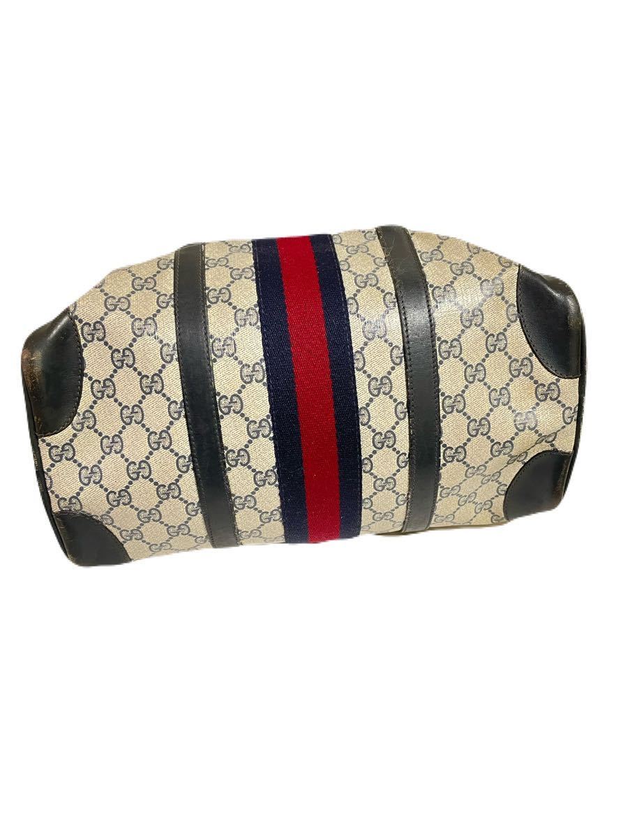 GUCCI オールドグッチ シェリーライン GG柄 ボストンバッグ ネイビー ゴールド金具 ヴィンテージ幅約32.5cmベタ無しレザーハンドバッグ _画像3