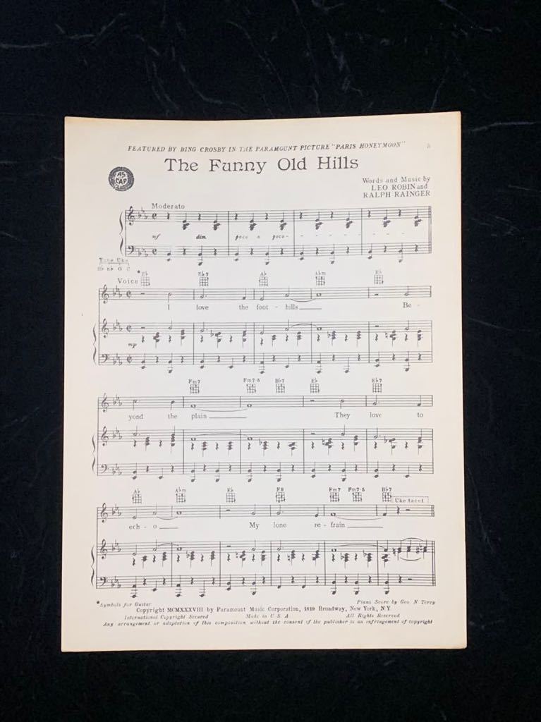 THE FUNNY OLD HILLS 楽譜 PARIS HONEYMOON 1939年 ヴィンテージ USA アメリカン レトロ ニューヨーク 映画 インテリア レア 希少 雑貨_画像4