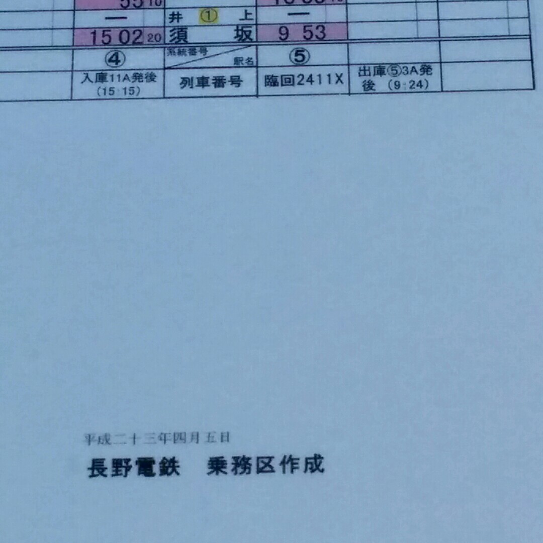 屋代線　長電２１００系「スノーモンキー」　運転士用スタフ(行路表)　第臨時仕業　長野電鉄 乗務区作成_画像4