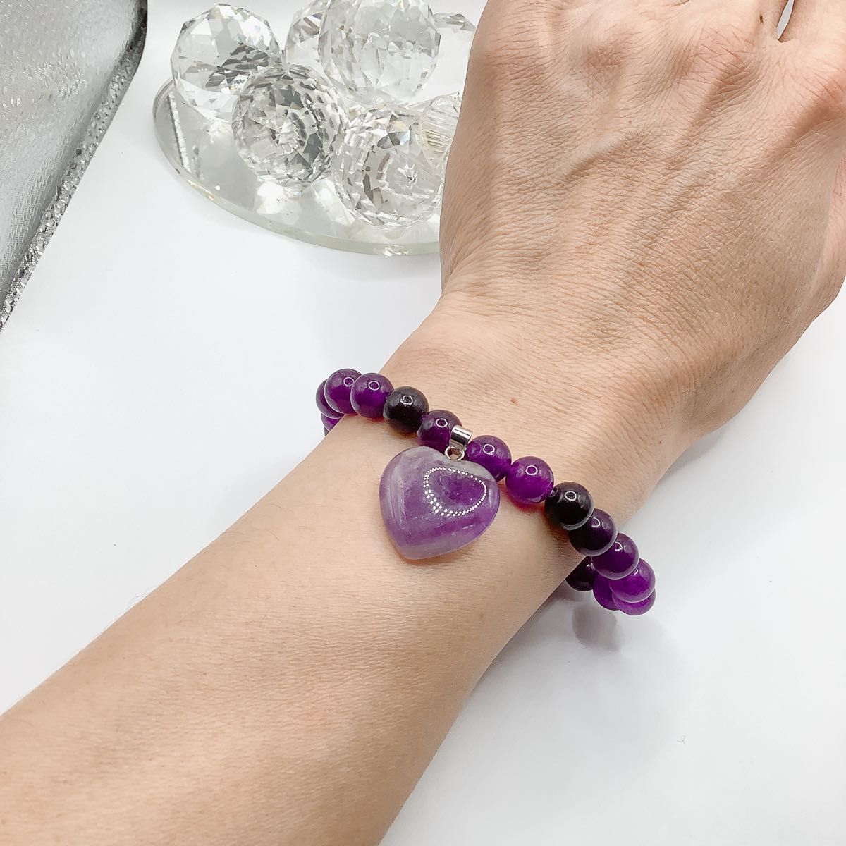 アメジスト 紫水晶 パワーストーン 天然石 ブレスレット 腕周り16cm ハートチャーム