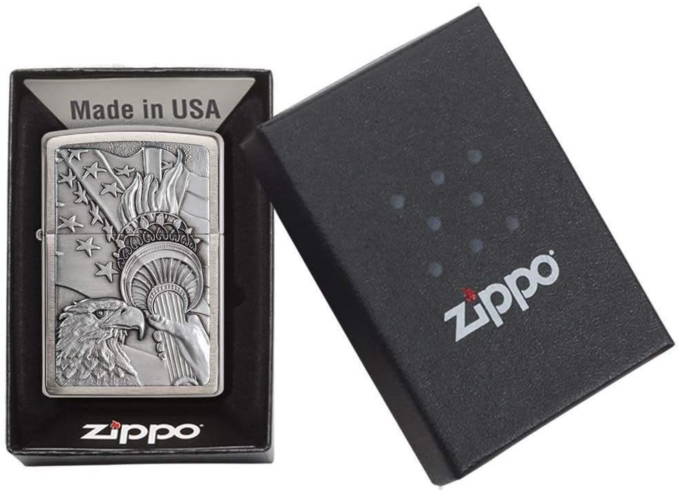 レア 日本未発売 ZIPPO(ジッポー) MADE IN USA 並行輸入品 Brushed Chrome イーグル 鷲 アメリカ国旗 星条旗 自由の女神 風防付き