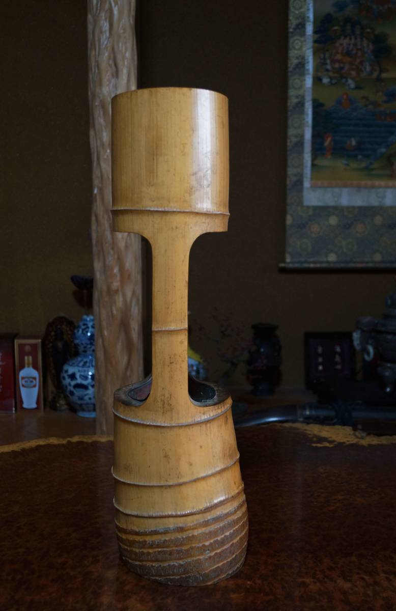 閑】大型根付の竹製花入れ 二重切 内銅製落とし 高さ54.5cm 竹花器
