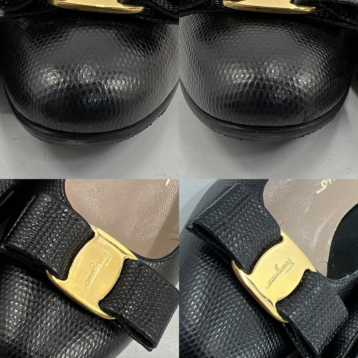 Salvatore Ferragamo フェラガモ ヴァラ リボン パンプス 型押し レザー ブラック 黒 ゴールド金具 DR30822 7C 24.5cm_画像7