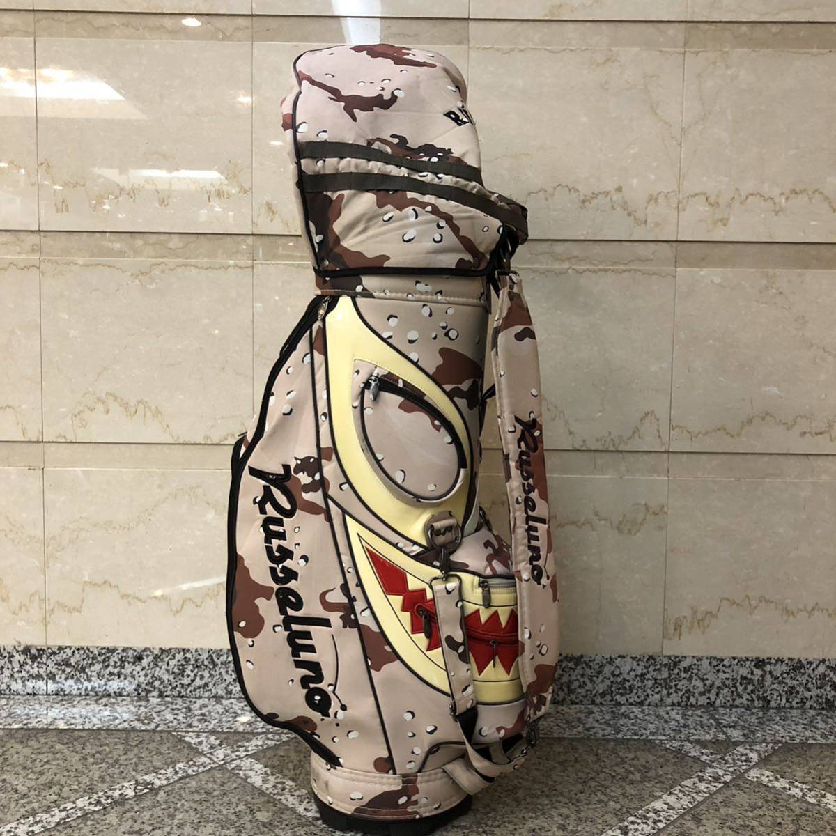 中古/ジャンク RUSSELUNO（ラッセルノゴルフ）ベージュカモ ゴルフキャディバッグ スタンドバッグ MOLLE SYSTEM GOLF BAG 9.5/47（現状品）_2018 SHARK LUCHA CADDIE BAG