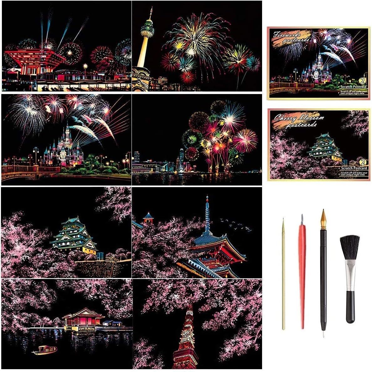 スクラッチアート はがきタイプ 桜 花火 世界の夜景 有名な観光地 20*14cm (桜と花火 8枚入)_画像1