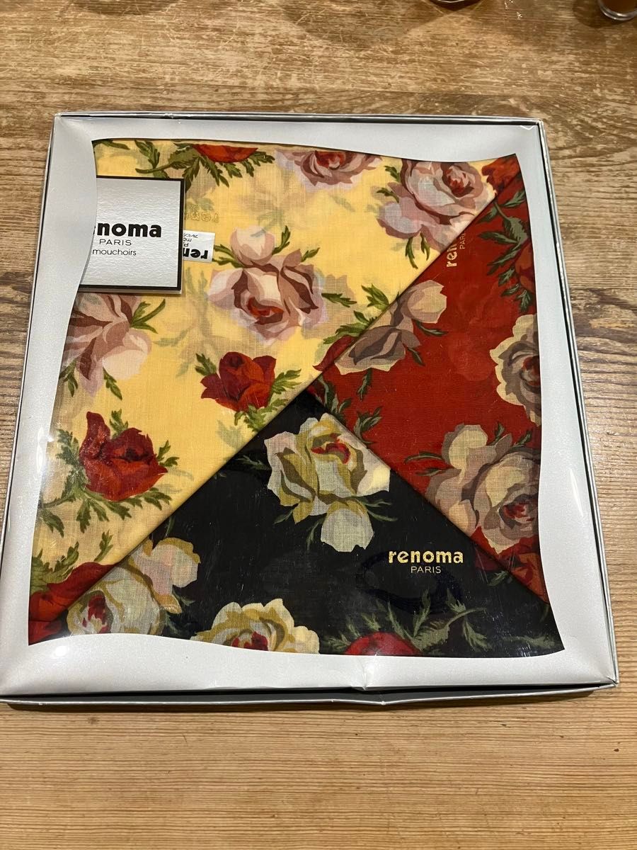 新品未使用】renoma レノマ バラ/薔薇/ばら柄 ハンカチ3枚（3色）（綿 