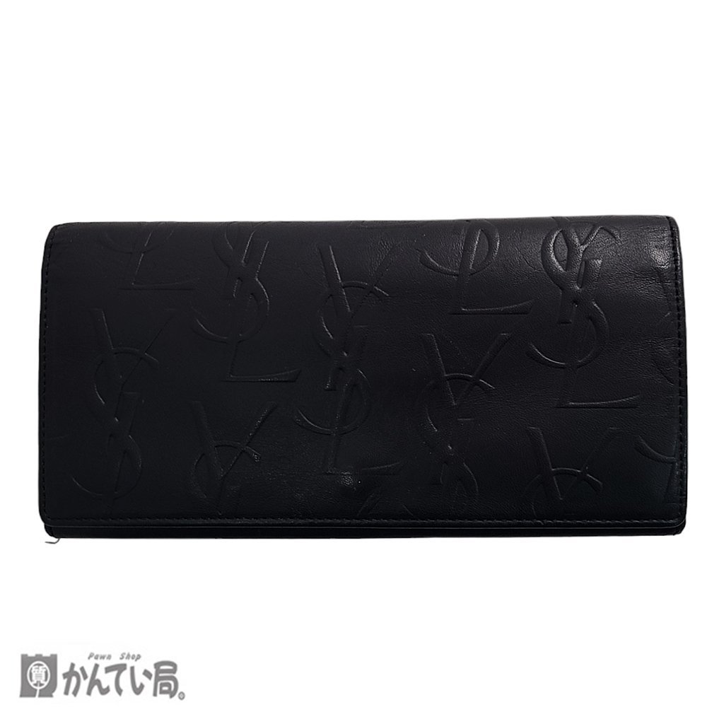 YVES SAINT LAURENT イヴ・サンローラン ロゴ型押し 長財布 ブラック 黒 ゴールド金具 ホック開閉式 ファスナー開閉小銭入れ×1