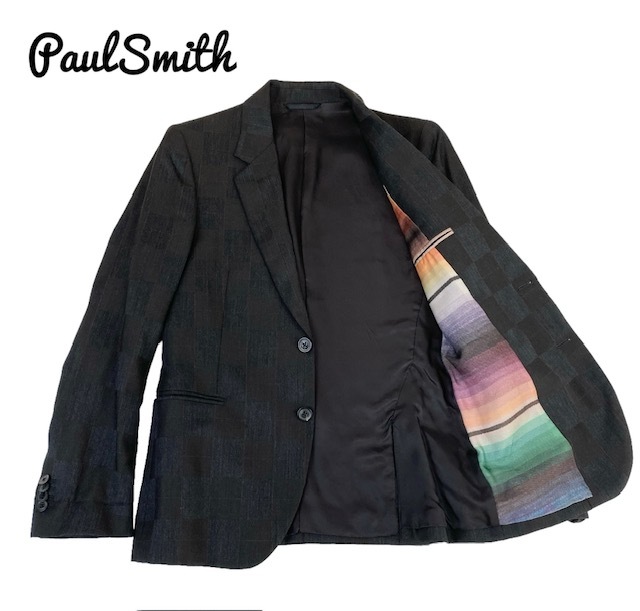 中古 ポールスミス Paul Smith テーラードジャケット チェック柄 ウール グレー×ブラウン メンズ Ｓサイズ