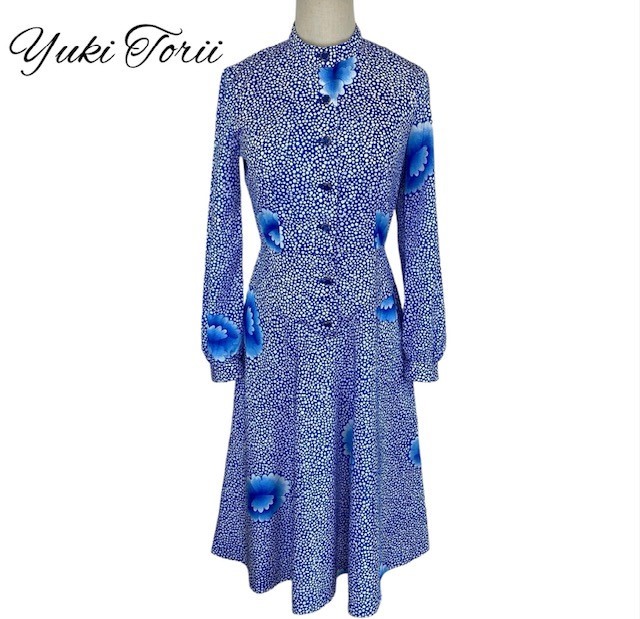  used Yuki Torii YUKI TORII BIBICHE long sleeve One-piece knees height floral print dot pattern blue × white lady's retro lovely S size corresponding 