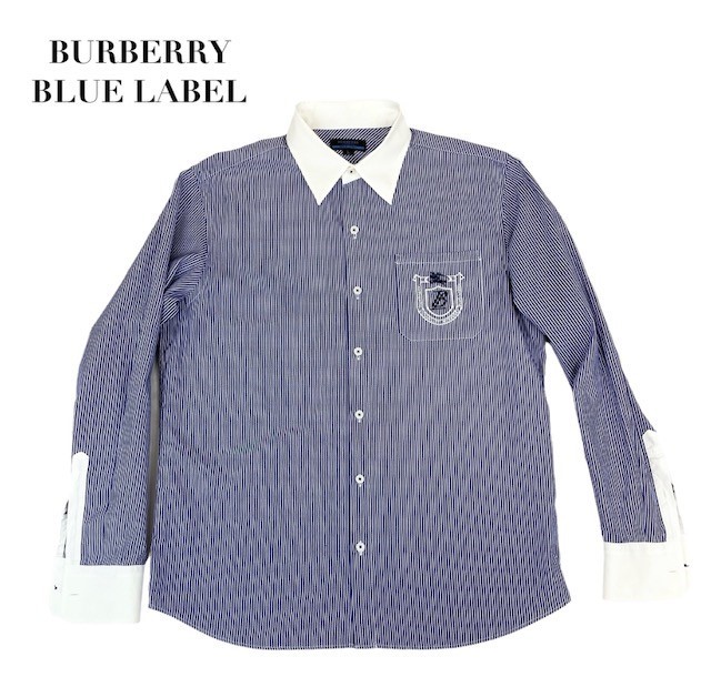 中古 バーバリーブルーレーベル BURBERRY BLUELABEL 長袖 シャツ ストライプ柄 ブルー×ホワイト メンズ Ｌサイズ_画像1