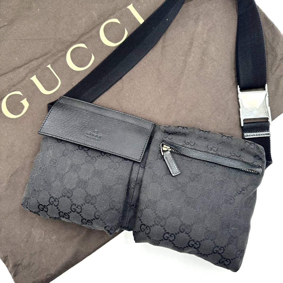 1234【美品】GUCCI グッチ ボディバッグ ウエストポーチ ショルダーバッグ 斜め掛け GGキャンバス レザー 本革 ブラック 黒色 メンズ_画像1