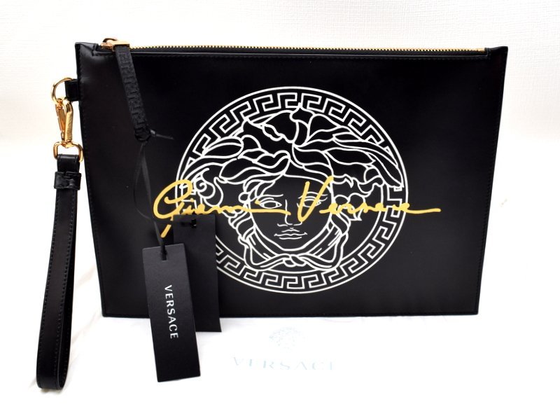 未使用品 タグ付き VERSACE ヴェルサーチ【メデューサ ロゴ レザー クラッチバッグ】ブラック×ゴールド金具_画像1