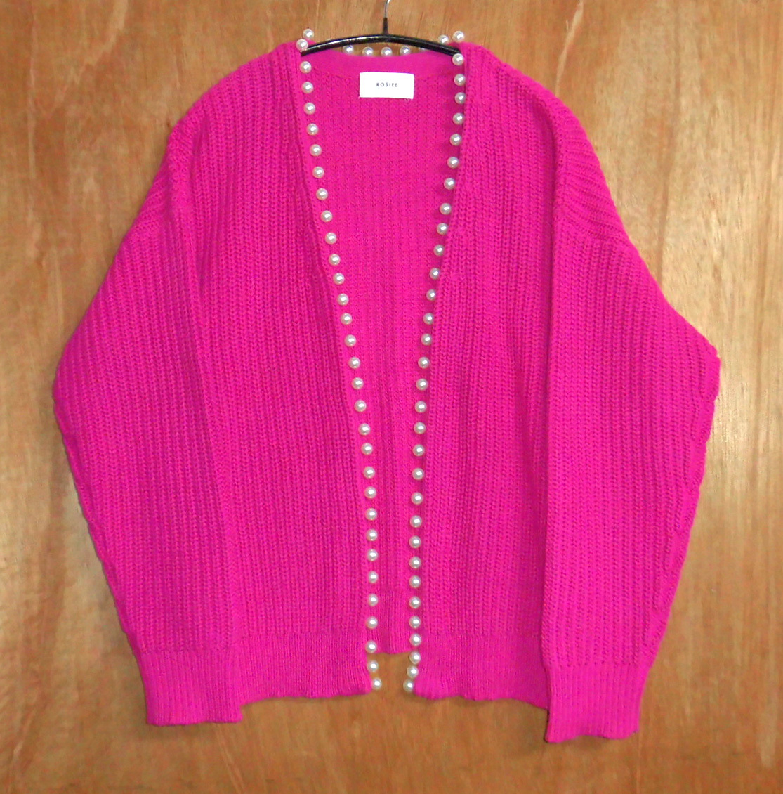 ◆定価1.4万 ROSIEE ロージー パール装飾 リブ編み ニットカーディガン F フリーサイズ ピンク_画像1