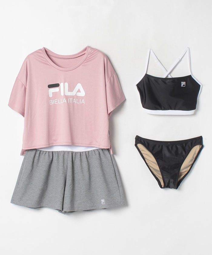 11号Lサイズ 新品 フィラ FILA ブラトップ、ビキニショーツ カバーアップTシャツ ショートパンツ４点セット 水着ピンク送料無料レディース_画像1