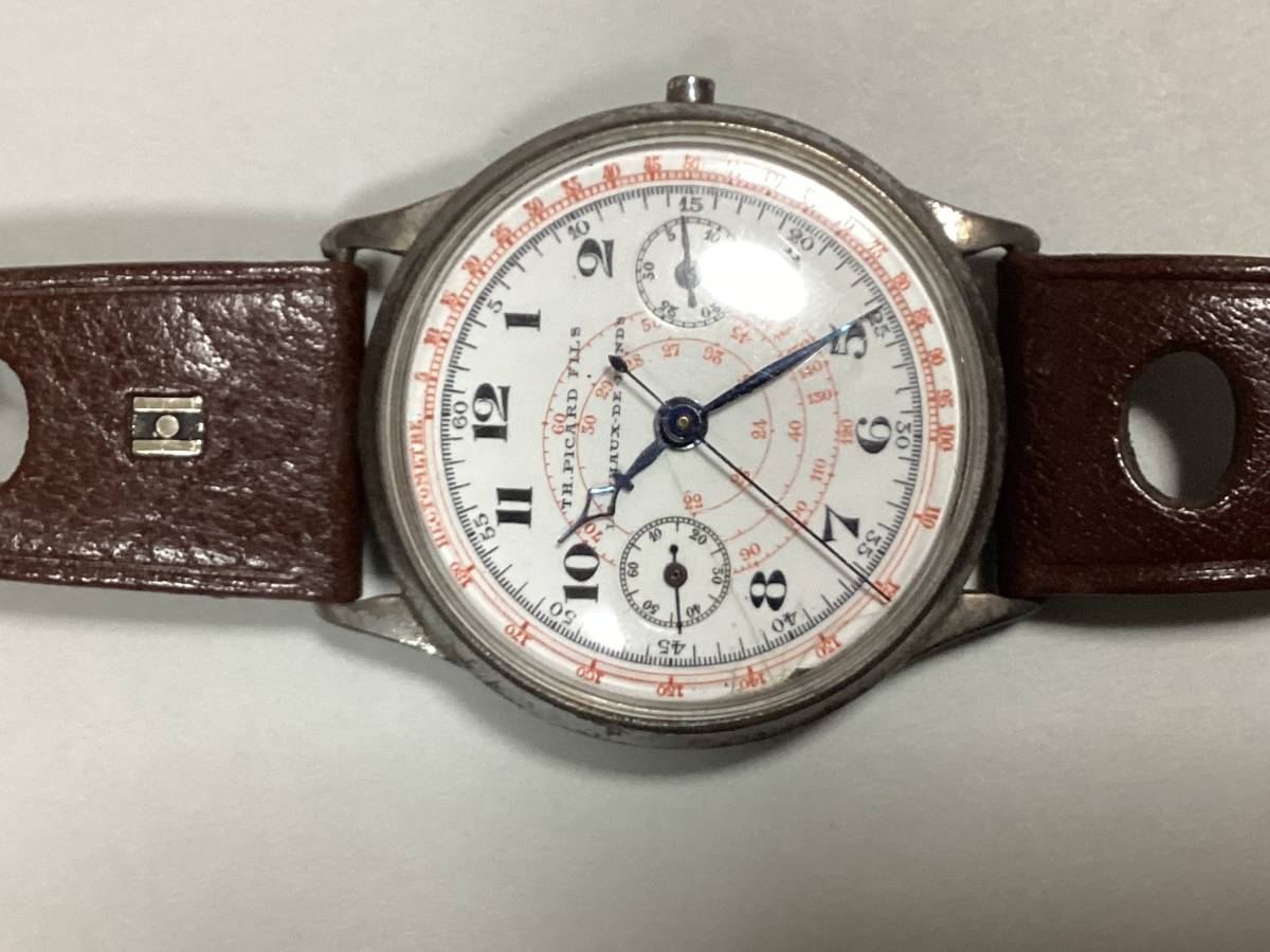 ジャンク品 アンティーク クロノグラフ SS/シルバー ケース Vintage TH. PICARD FILS Chronograph 竜頭欠品 (部品取り用)_画像1