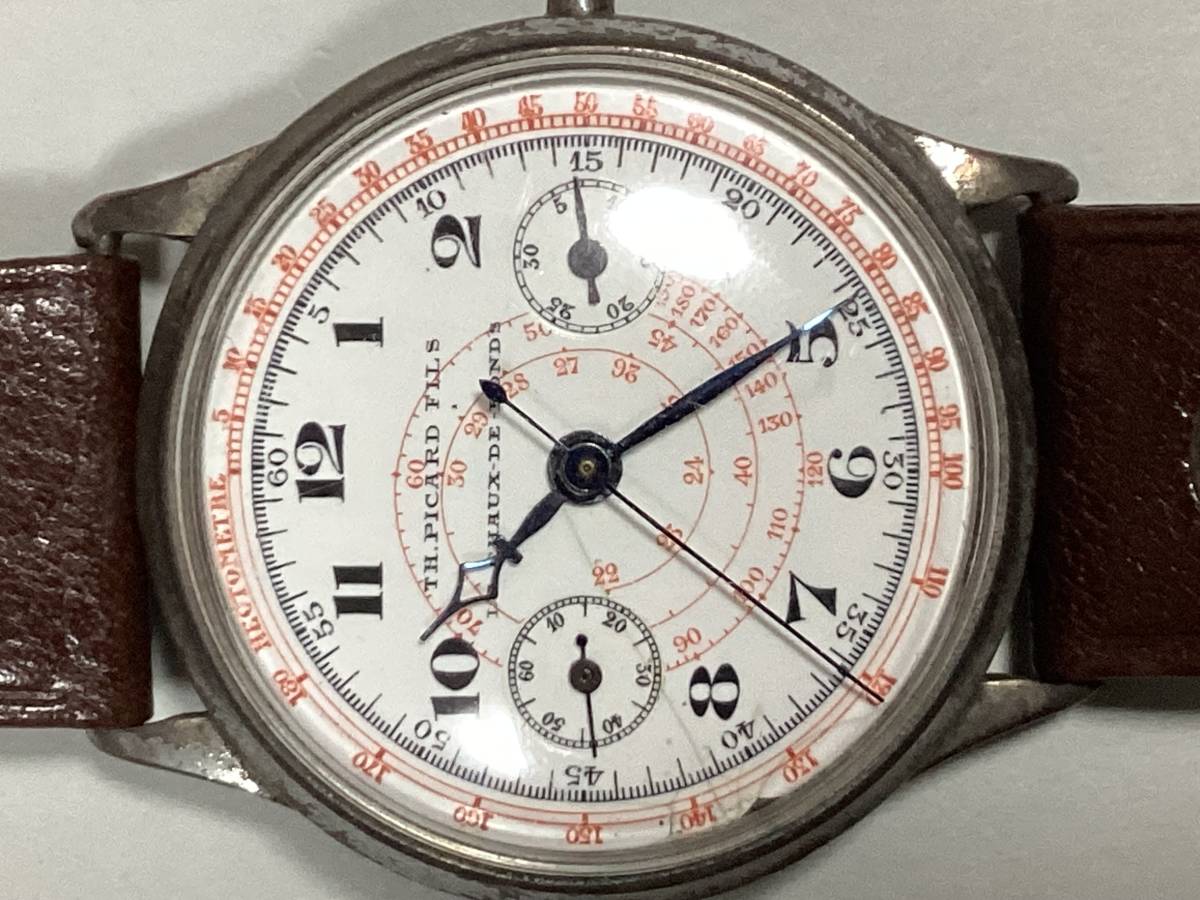 ジャンク品 アンティーク クロノグラフ SS/シルバー ケース Vintage TH. PICARD FILS Chronograph 竜頭欠品 (部品取り用)_画像2