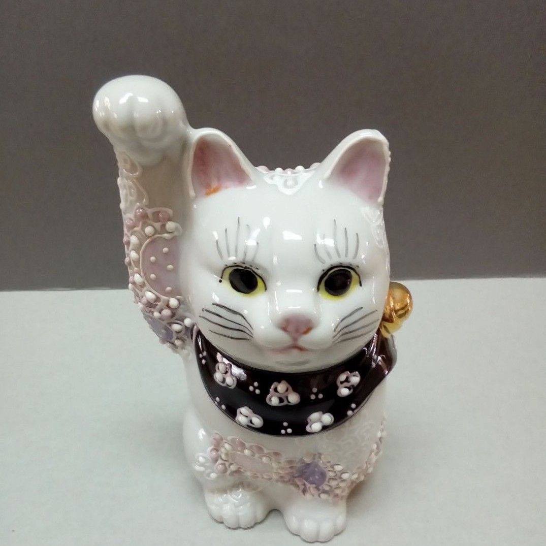 九谷焼　右手招き猫「花むらさき」新品・未使用