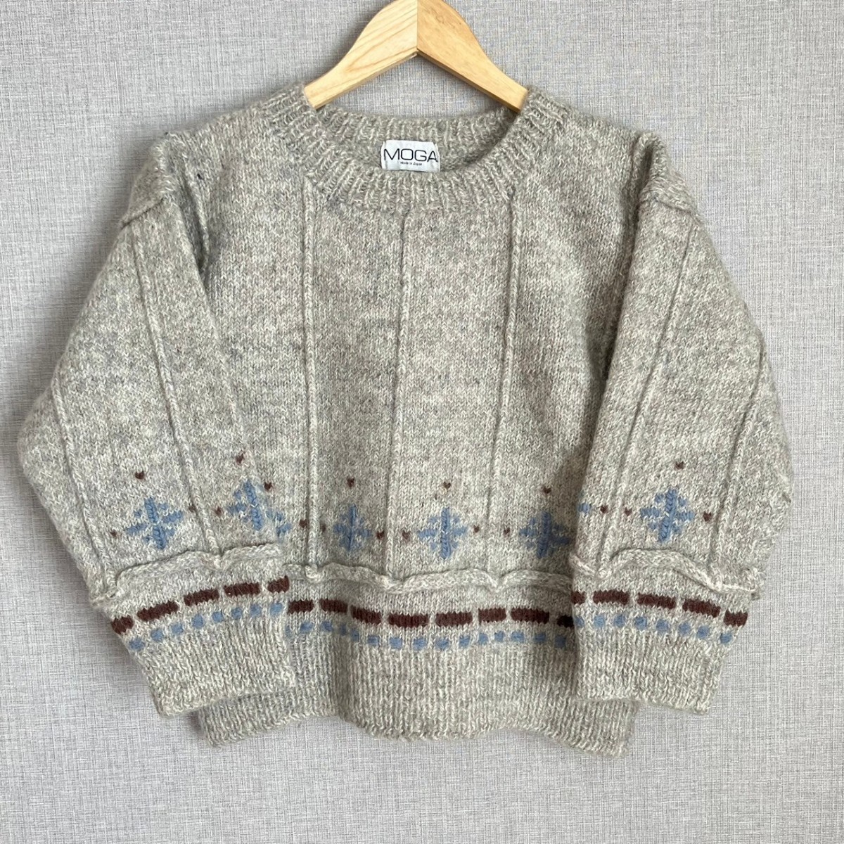 H6596NL made in Japan MOGA Moga size M rank knitted sweater wool knitted wool 100% gray Northern Europe pattern nordic old clothes lady's cropped pants height 