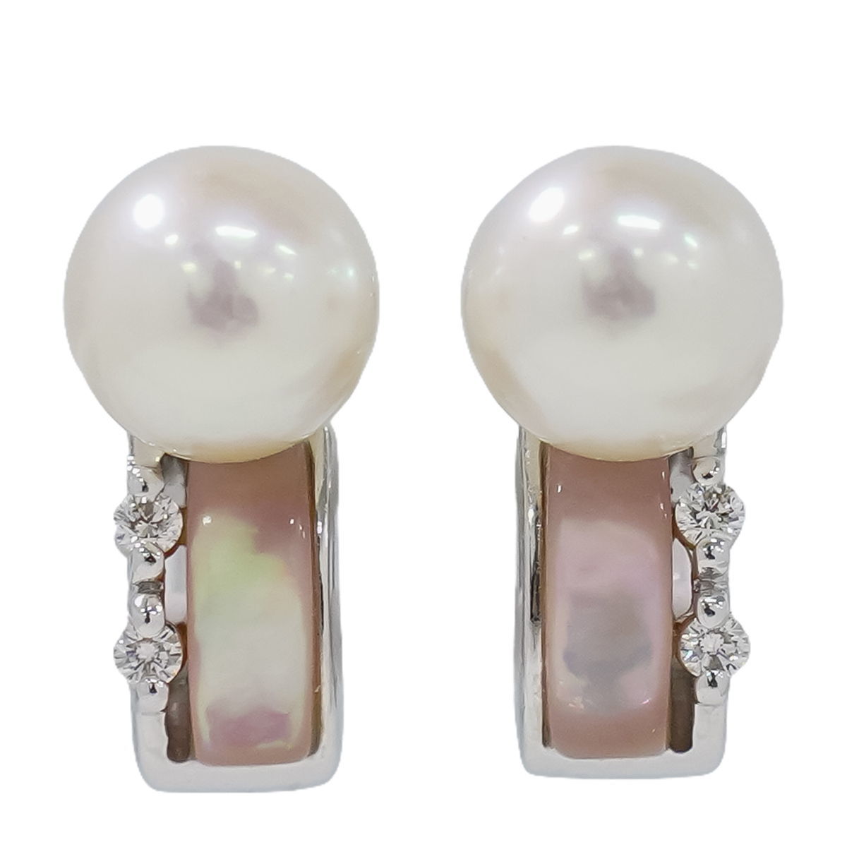 ル 年末のプロモーション 本物 パール ホワイト ホワイトゴールド イヤリング WG K18 シェル ×2 0.02ct ダイヤモンド 7.4mm 真珠