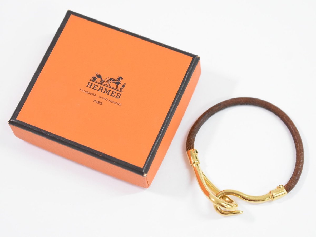 本物 エルメス HERMES ジャンボ ブレスレット バングル レザー GP ゴールドメッキ ブラウン_画像9