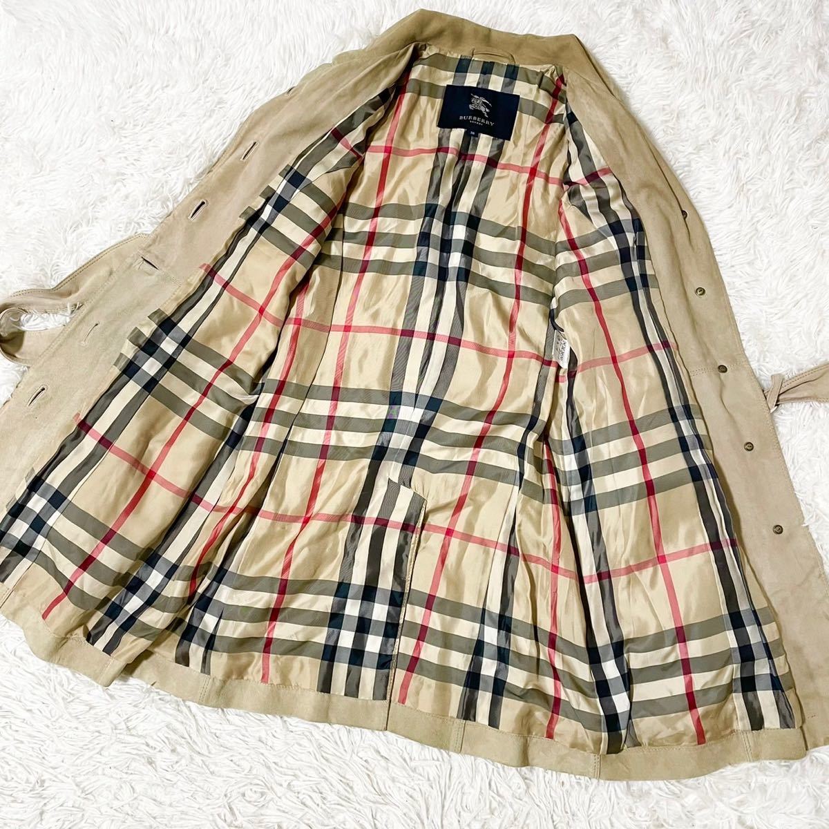 1円〜 美品/希少 BURBERRY LONDON バーバリーロンドン トレンチコート スエード レザー ベルト 金ボタン ノバチェック 38サイズ ベージュ _画像7