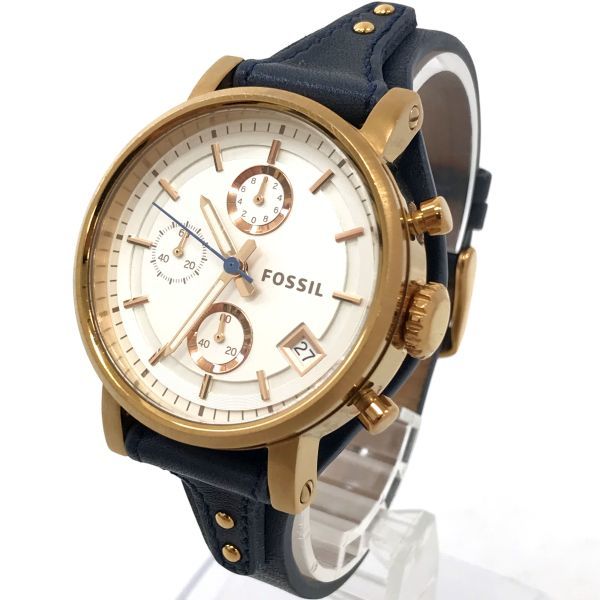 FOSSIL フォッシル 腕時計 ES3838 クオーツ アナログ ラウンド ホワイト ネイビー ブルー レザー クロノグラフ 電池交換済み 動作確認済み_画像3