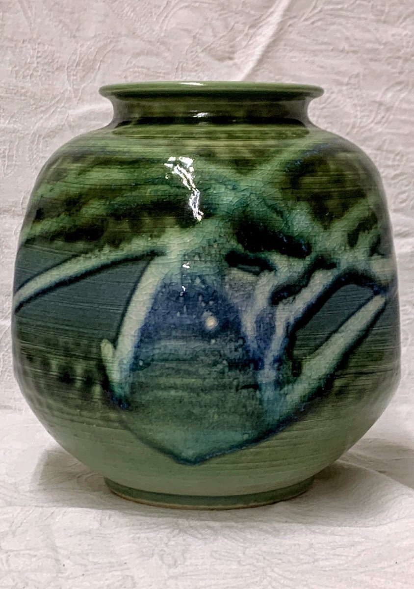 13357/ Shimizu . "hu" pot vase wistaria flat regular writing work green flower vase . tool flower base 