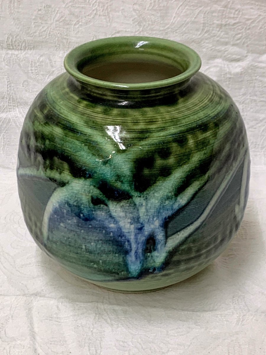 13357/ Shimizu . "hu" pot vase wistaria flat regular writing work green flower vase . tool flower base 