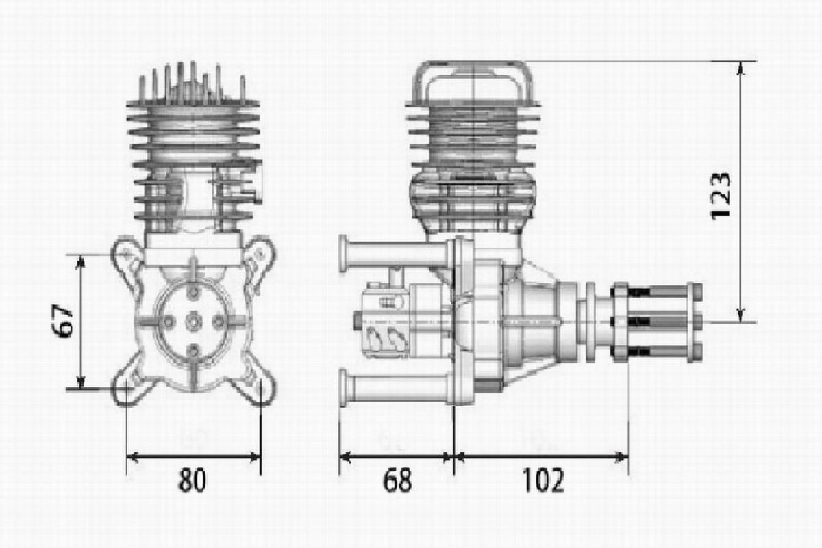OK Model　DLE-55 ガソリンエンジン （中古品）_寸法図　※メーカーデータ参照