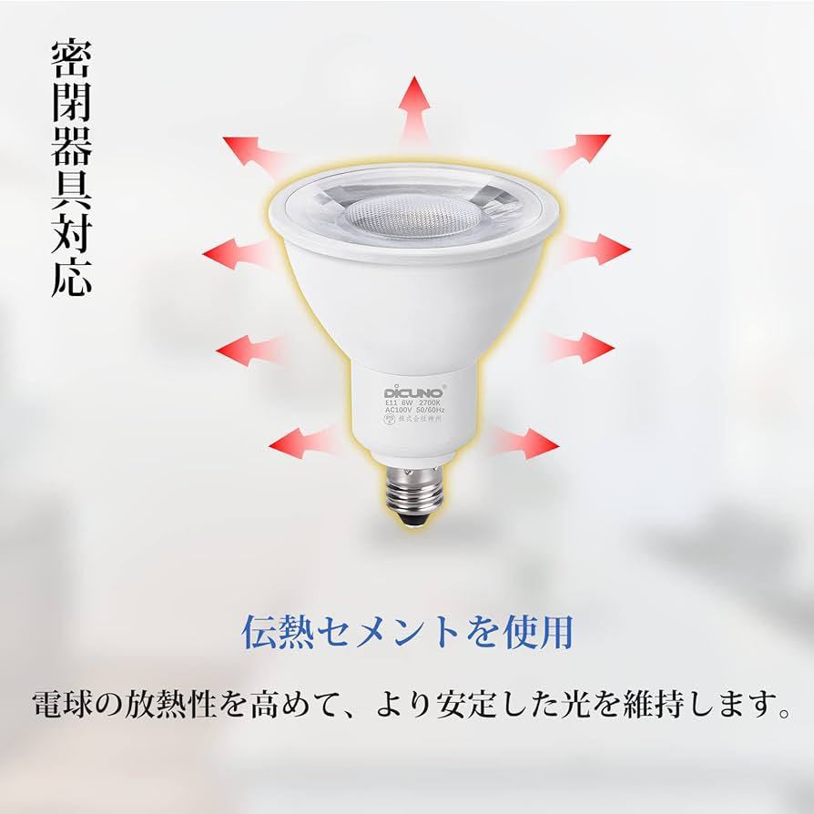 @ DiCUNO E11口金 LED電球 スポットライト 電球色 6W 60W相当 2700K 660lm 広角タイプ 密閉器具 AC100V 非調光 PSE認証済 2個入り ホワイト_画像5