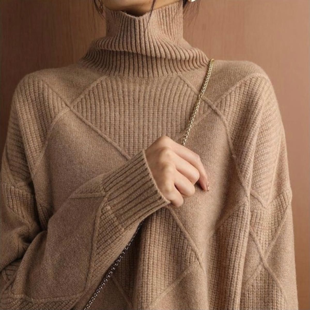 高品質新品ミンクカシミヤ着心地抜群暖かいニットセーター大人可愛いブラウン茶M女性タートルネックカラープルオーバーピュアウールルーズ