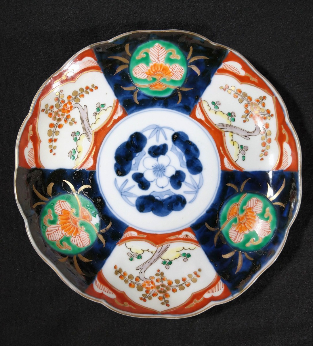 古伊万里 染付 金彩 色絵 丸文 松竹梅 梅花図 輪花 22cm 中皿 江戸後期 b-13a3316k_画像6