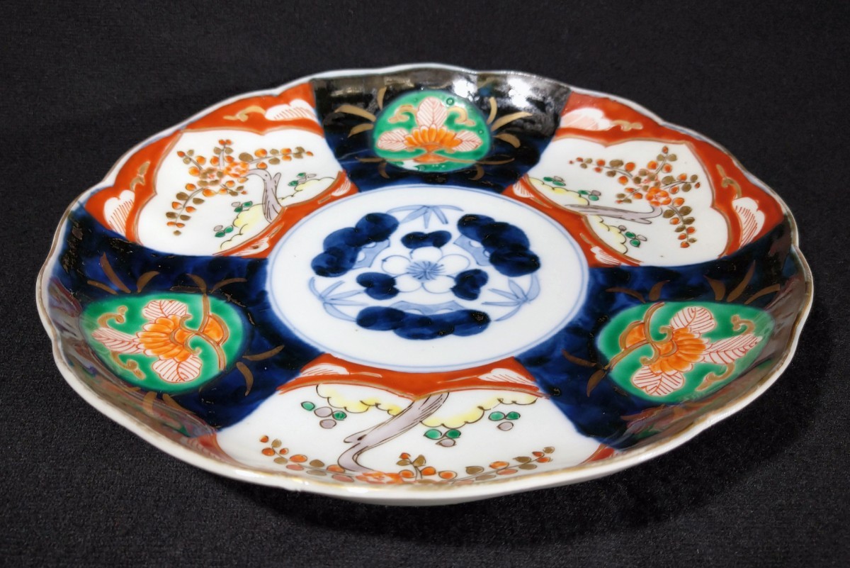 古伊万里 染付 金彩 色絵 丸文 松竹梅 梅花図 輪花 22cm 中皿 江戸後期 b-13a3316k_画像5