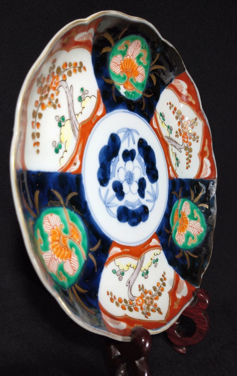 古伊万里 染付 金彩 色絵 丸文 松竹梅 梅花図 輪花 22cm 中皿 江戸後期 b-13a3316k_画像2