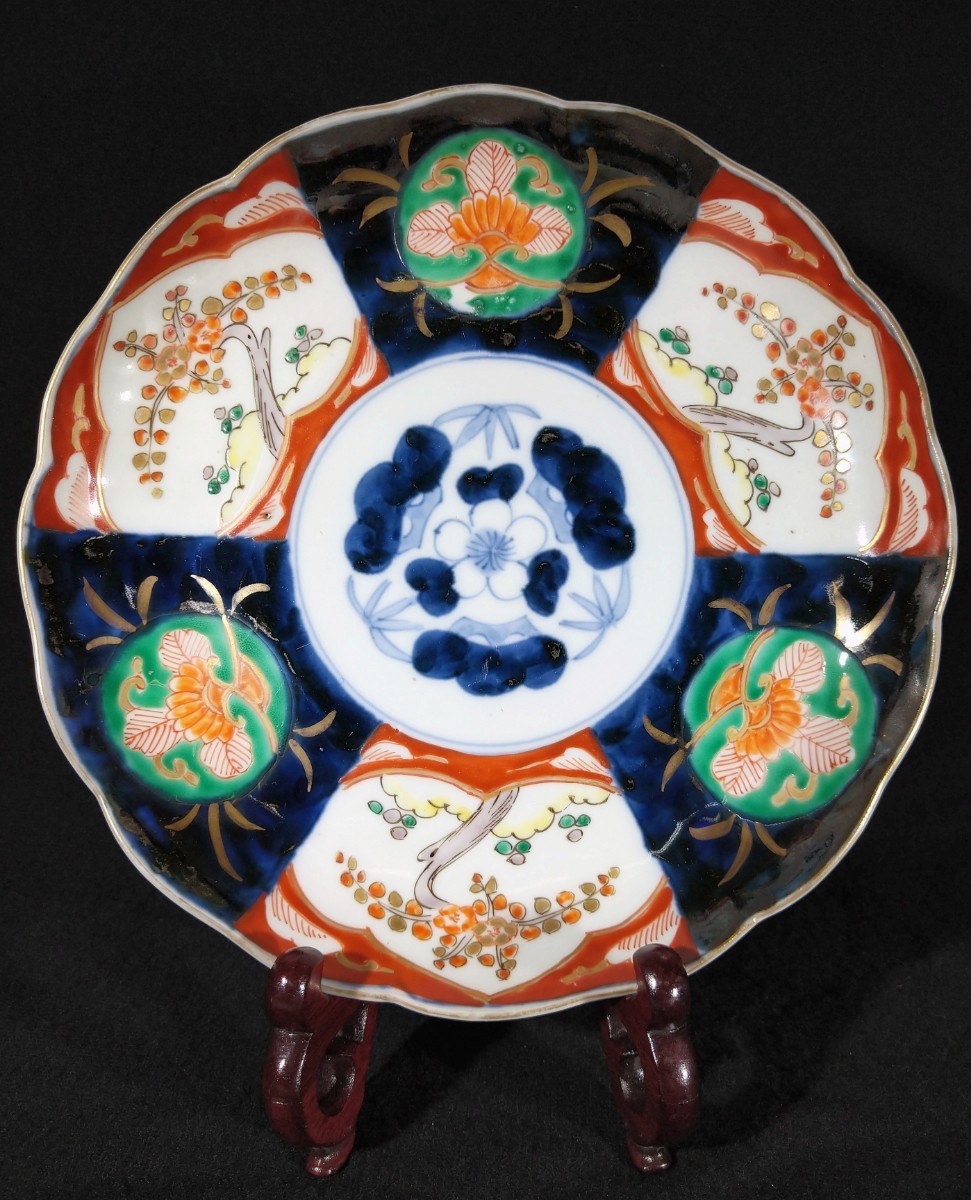 古伊万里 染付 金彩 色絵 丸文 松竹梅 梅花図 輪花 22cm 中皿 江戸後期 b-13a3316k_画像1