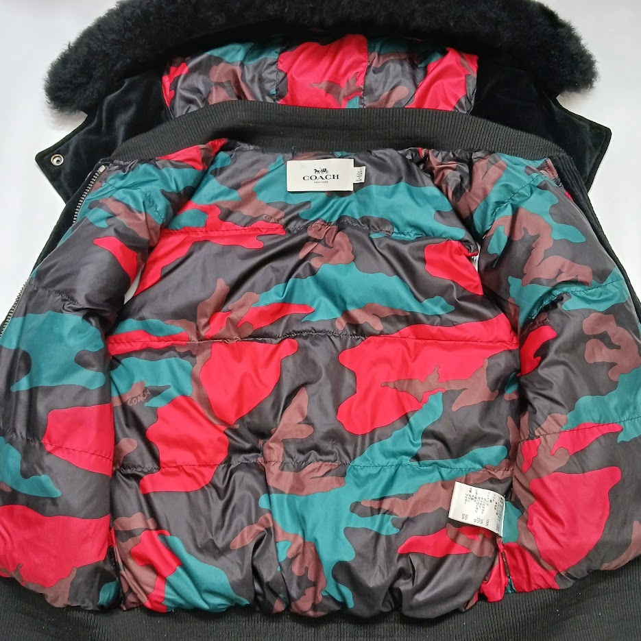 COACH Coach down vest 2WAY black camouflage -ju camouflage hood demountable fur 10792