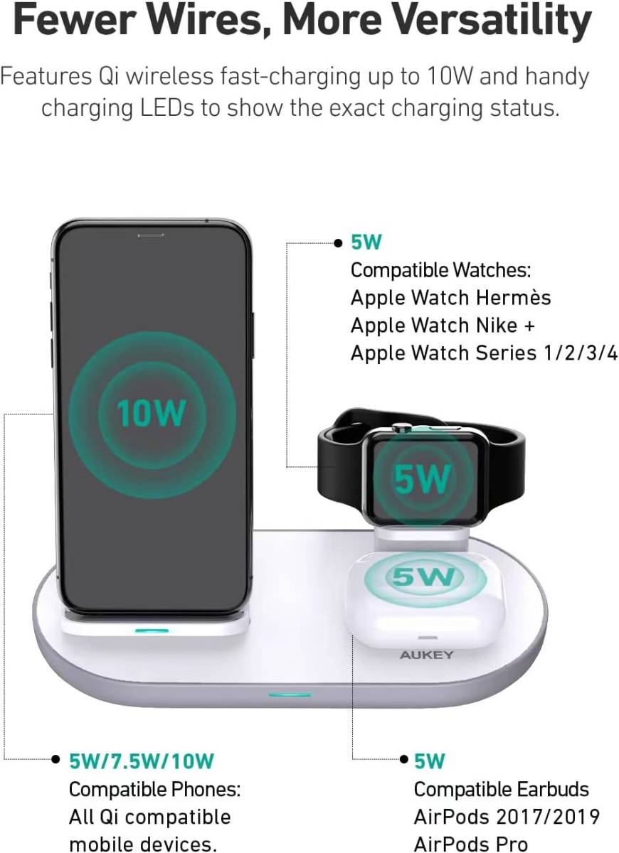 ワイヤレス充電器 3in1充電スタンド10W&7.5W&5W 出力 Apple Watch充電 LC-A3 ブラック (iPhone 12 mini は対応していません)_画像6