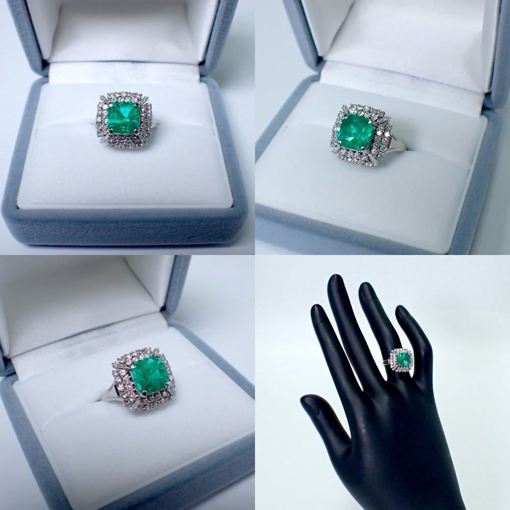  large grain natural emerald 3.39ct diamond 0.73ct Pt900 platinum ring ring Colombia production CGL. another document ring 
