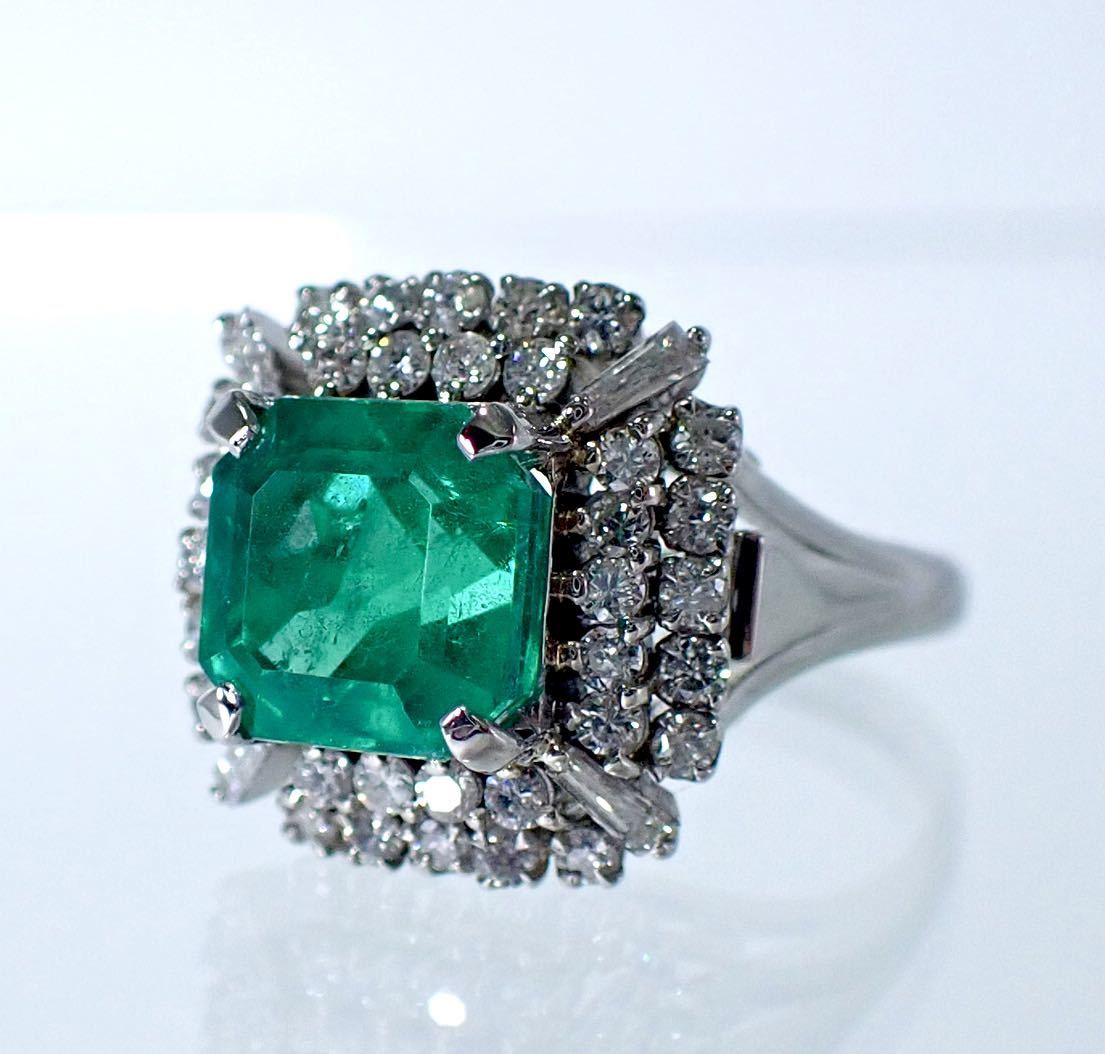  large grain natural emerald 3.39ct diamond 0.73ct Pt900 platinum ring ring Colombia production CGL. another document ring 