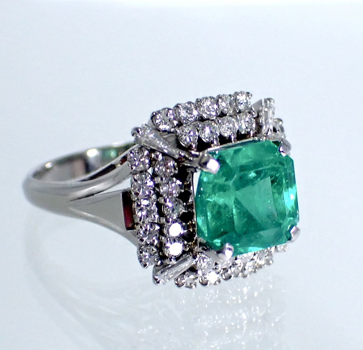  large grain natural emerald 3.39ct diamond 0.73ct Pt900 platinum ring ring Colombia production CGL. another document ring 