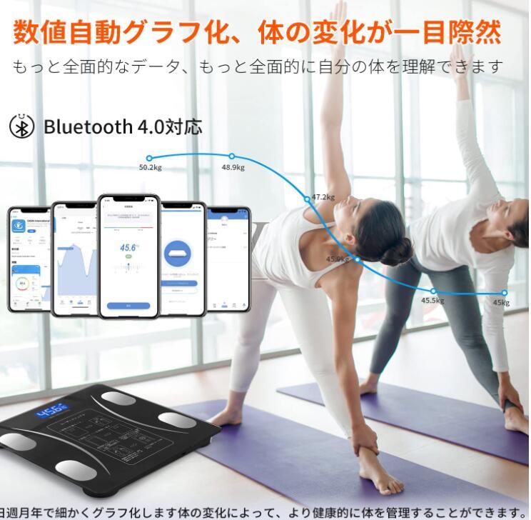  体重計 Bluetooth体重計 体脂肪計 ヘルスメーター スマホ連動 日本語APP iOS/Android対応-体重、体脂肪率、筋肉率、体水分率、BMI など_画像2
