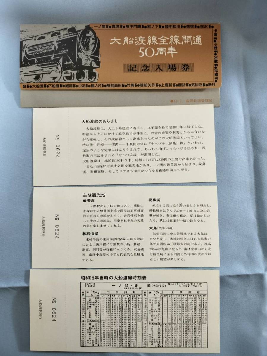 ①1・昭和60年・国鉄・JR《大船渡線全通開通50周年記念》入場券_画像2