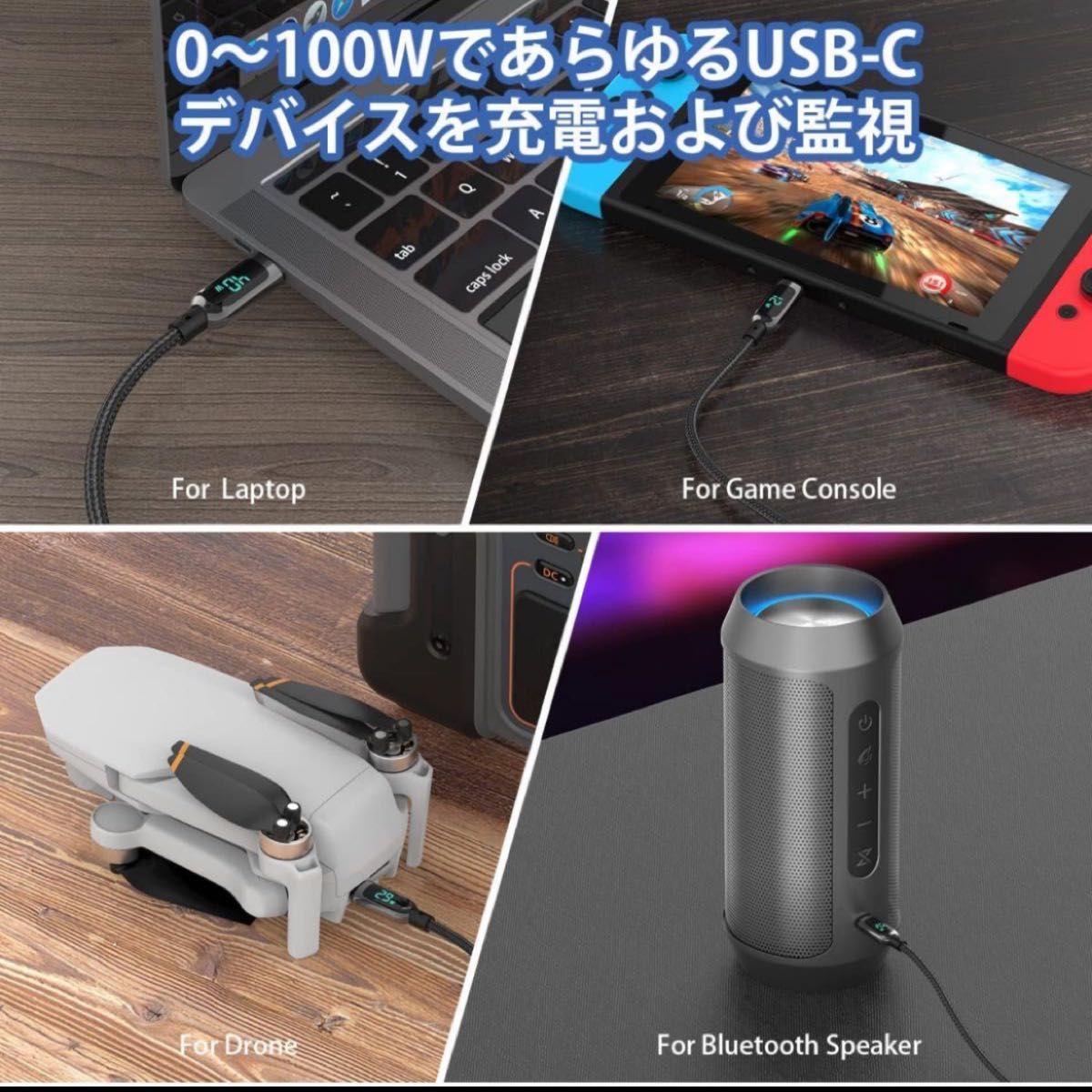 LEDディスプレイ高耐久ナイロン USB-C ＆USB-Cケーブル 2m Black