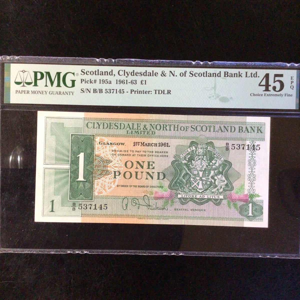 World Banknote Grading SCOTLAND《Clydesdale & North Scotland Bank Ltd》1 Pound【1961】『PMG Grading Choice Extremely Fine 45 EPQ』