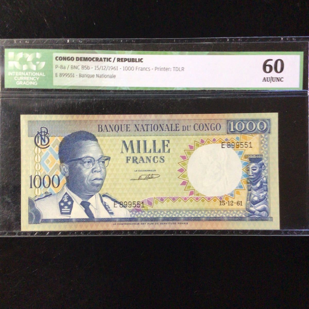 World Banknote Grading CONGO DEMOCRATIC REPUBLIC〔KINSHASA〕1000 Francs【1961】『ICG Grading AU/UNC 60』
