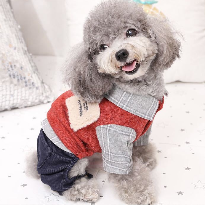 M 重ね着風 おしゃれ カバーオール （赤） 犬服 ロンパース つなぎ 犬の服 ペット服 ペット用品 裏起毛 冬_画像10