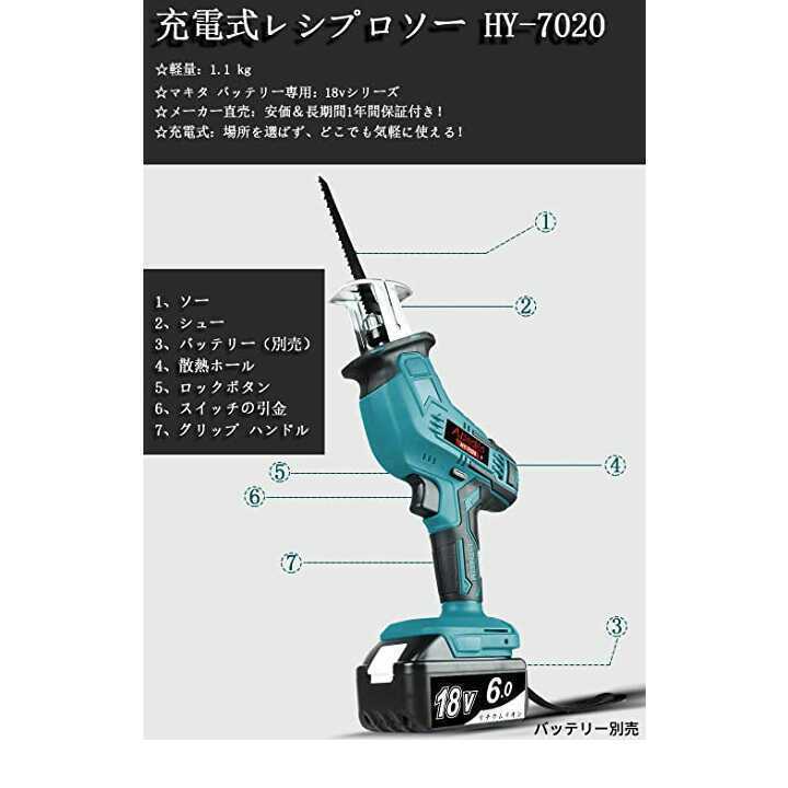 新制度対応領収証可　充電式レシプロソー HY-7020 マキタ バッテリー用 充電式のこぎり 無段変速 マキタ互換 BL1860等使用可能_画像3