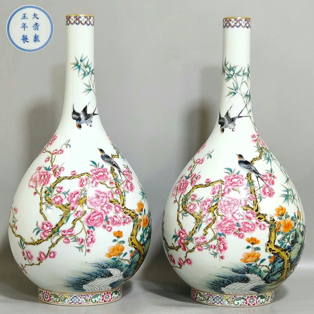 ◆羽彰・古美術◆A5100清時代 雍正年製 粉彩花鳥長頸瓶一対・古陶磁器 ・珍品旧蔵・古賞物・時代物
